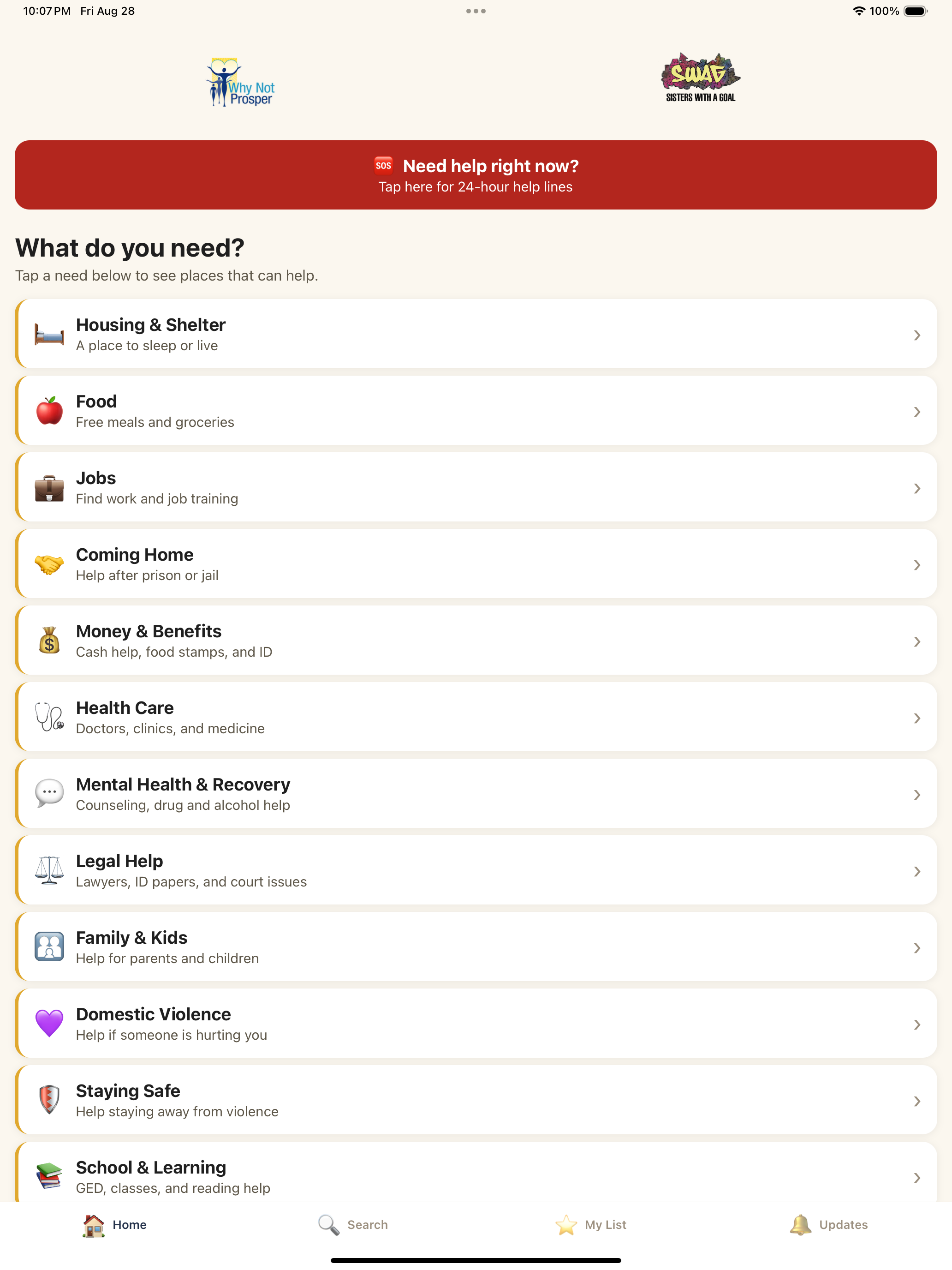 The resource category screen arranged for a tablet