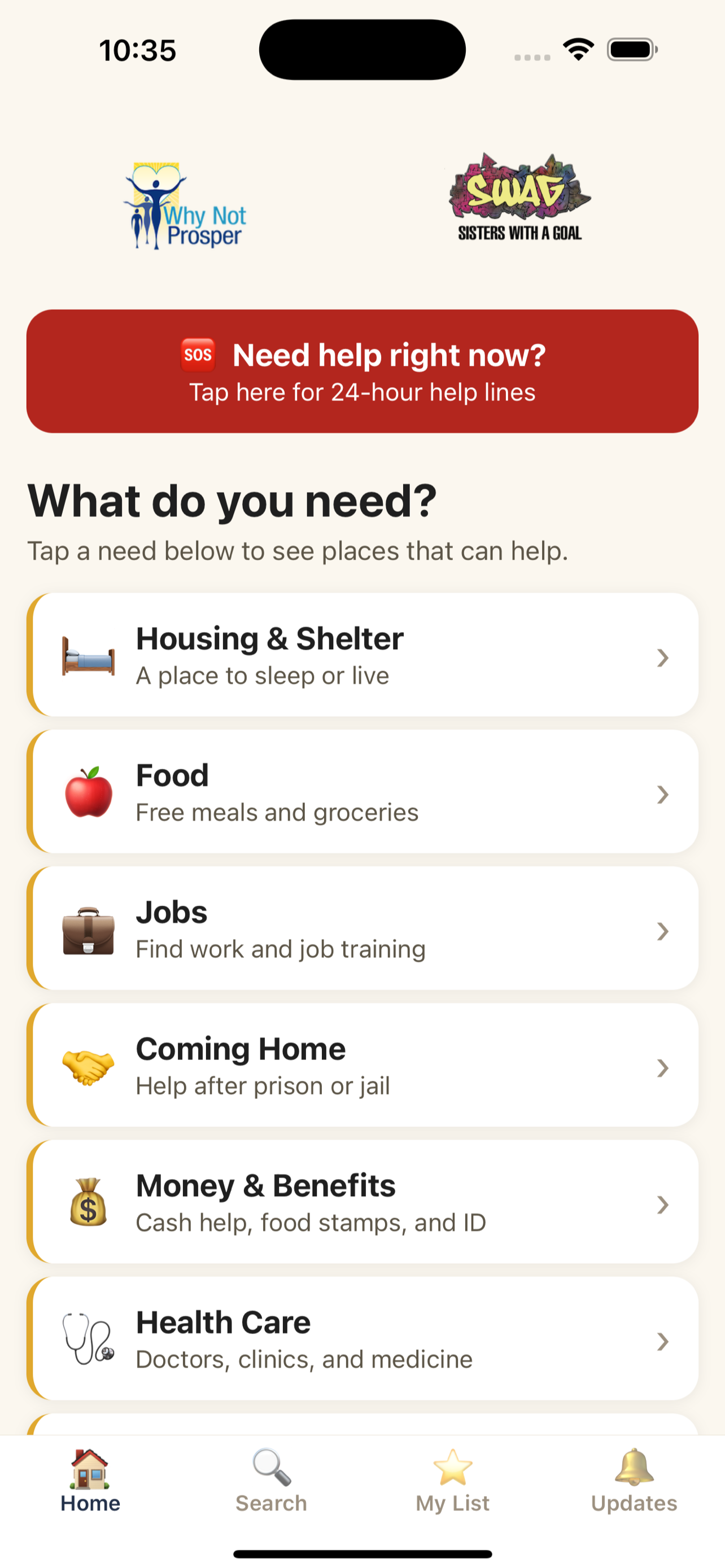 The app's home screen showing resource categories including housing, food, jobs, and health care